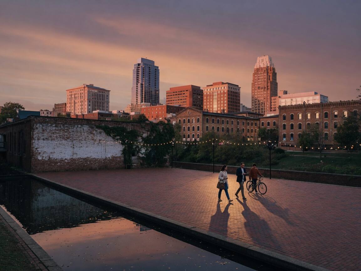 A southern city skyline at dusk over old brick and water, people crossing a plaza.