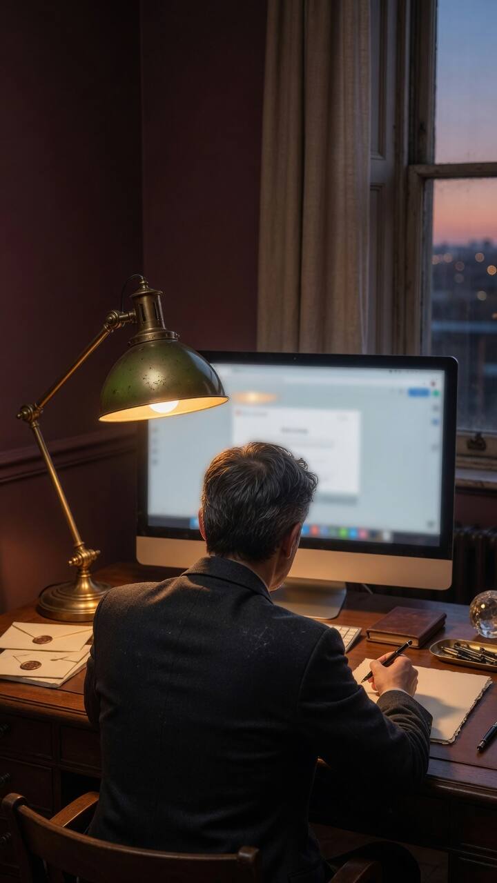 A quiet office at dusk, one person reviewing a large screen by a brass lamp.