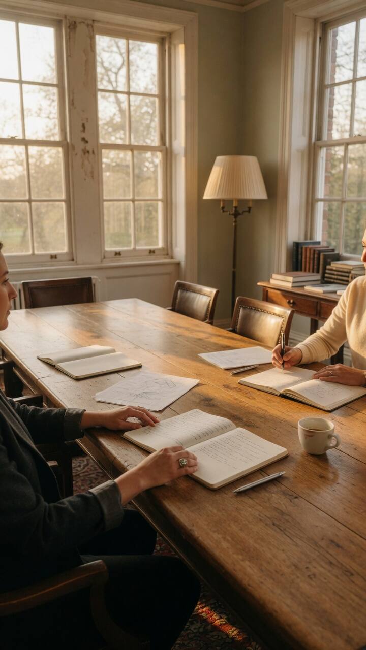 Two people at a long oak table in morning light, notebooks open.