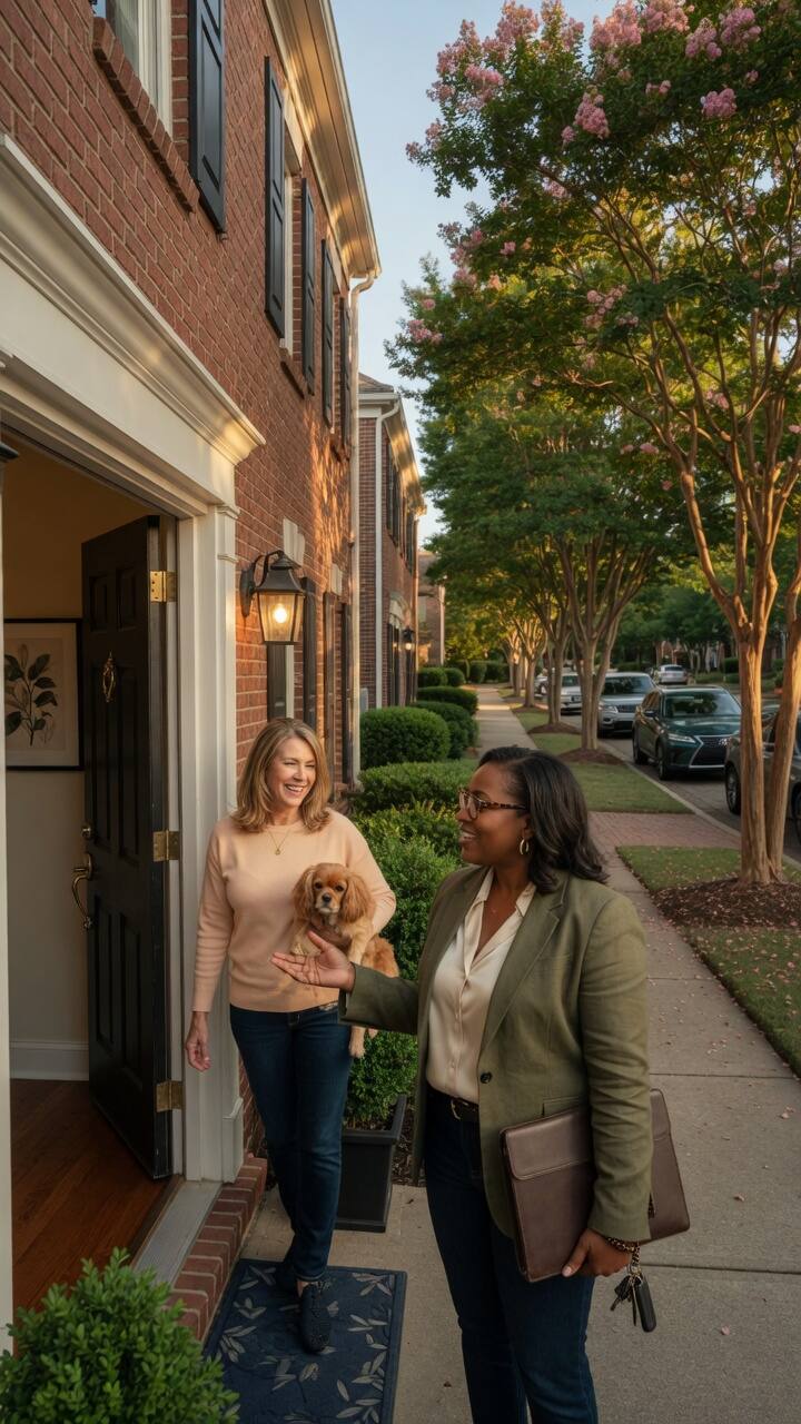 Brick townhomes on a tree-lined street, a manager greeting a resident at the door.