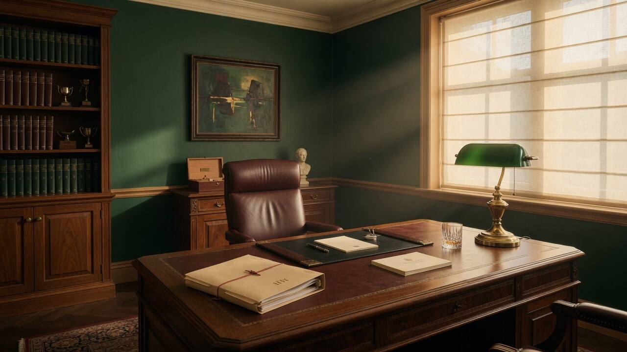 A quiet office with a wooden desk and brass lamp.
