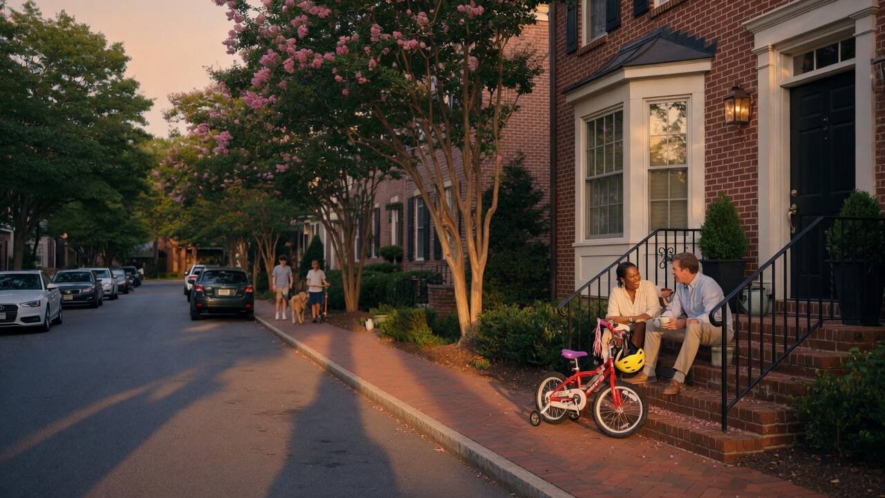 Neighbors talking on brick townhome steps at golden hour, a bicycle against the railing.