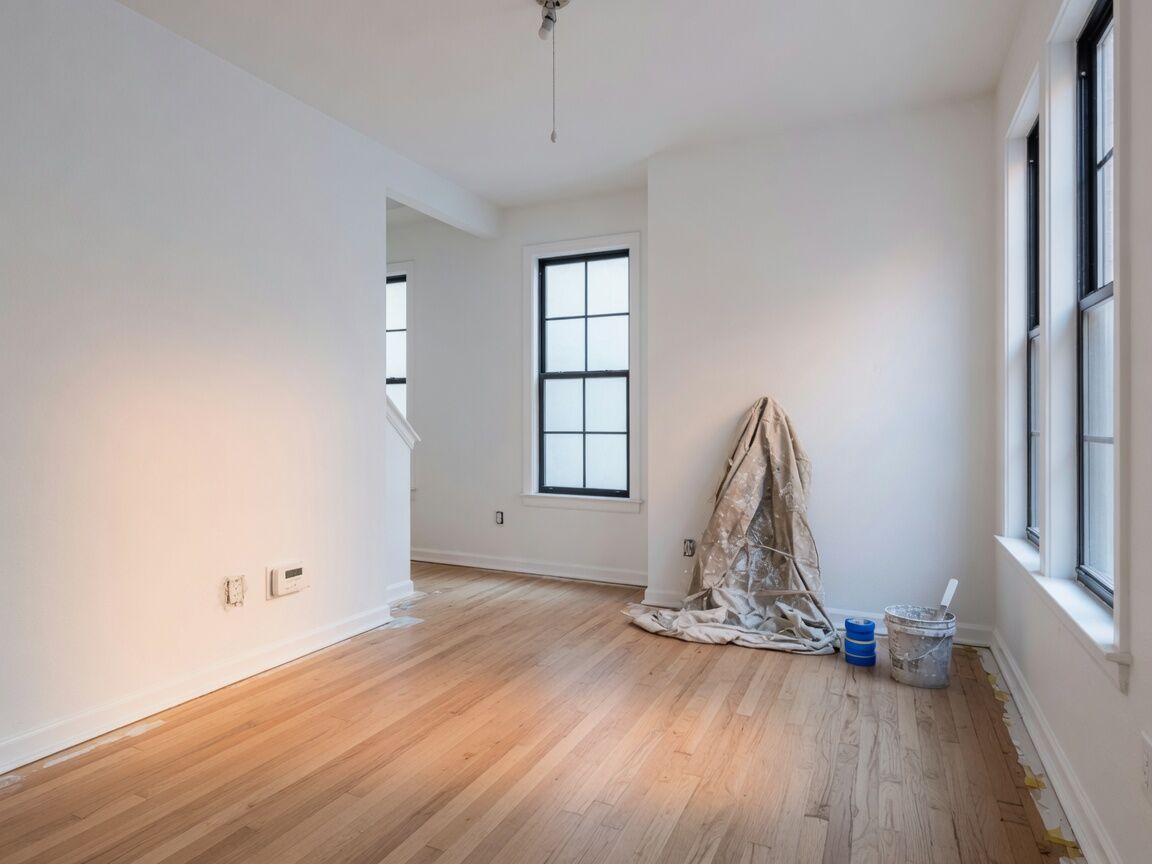 An empty townhome living room between tenants, oak floors and tall windows.