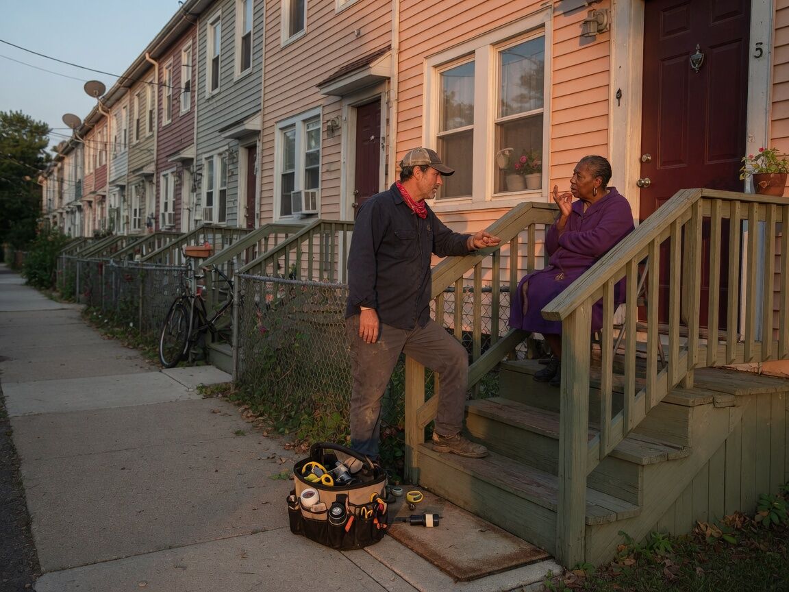 A maintenance lead talking with a resident on a townhome stoop.