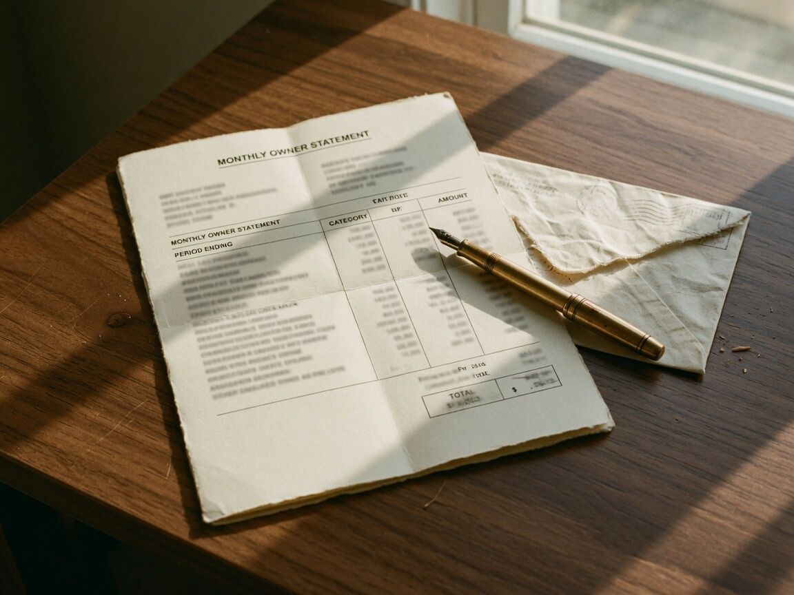 A monthly owner statement and a brass pen on a walnut desk.