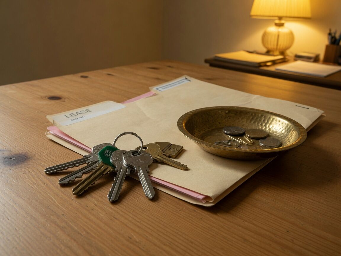 House keys and a lease folder on a wooden office table.