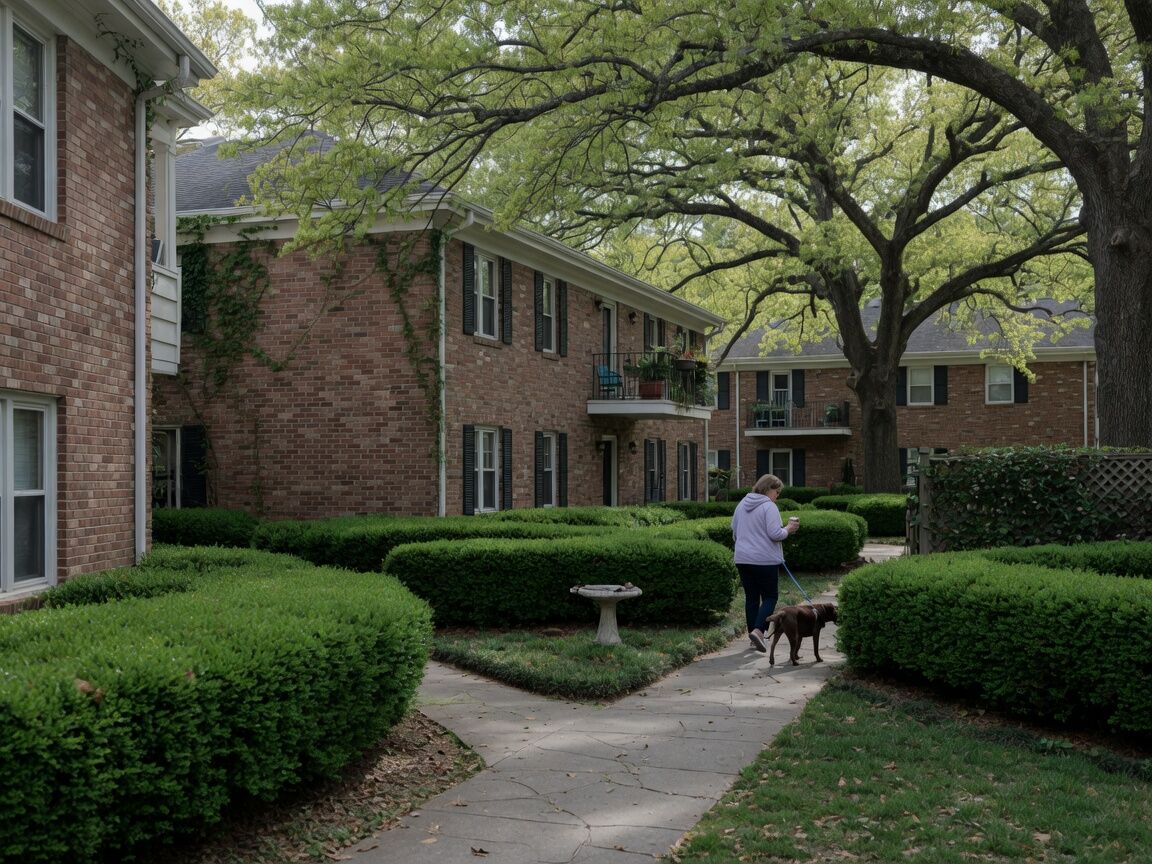 A brick garden-apartment courtyard under mature oaks.