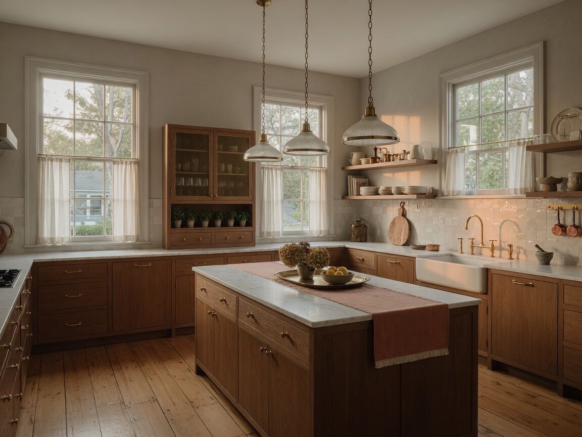 A considered kitchen with oak floors and brass fixtures.