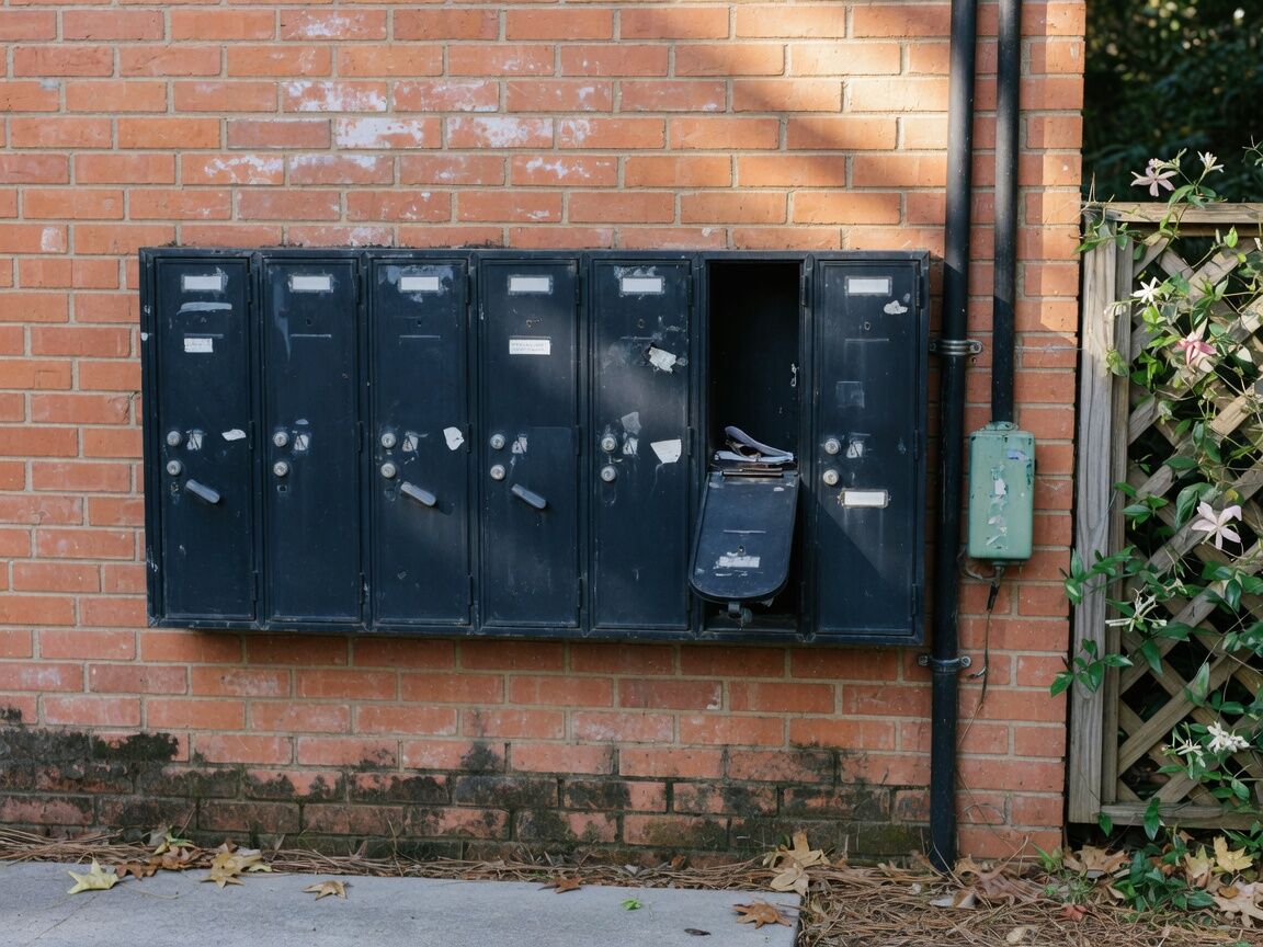 A row of mailboxes on a brick garden-apartment building.