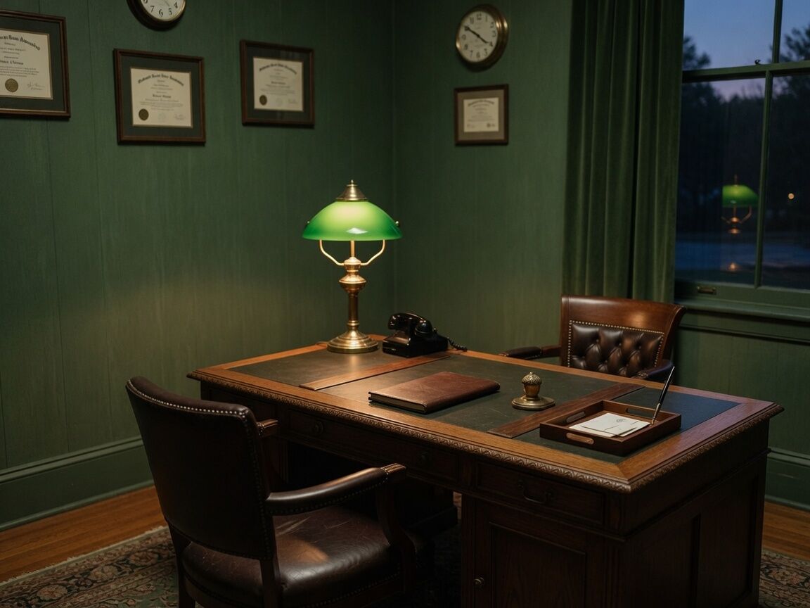 A quiet office with a wooden desk and a brass lamp.