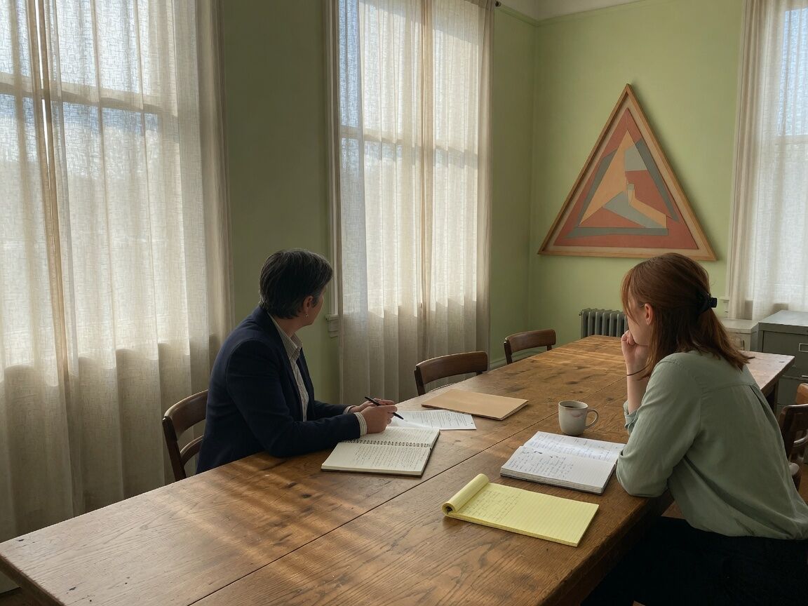 Two people at a long oak table in morning light, notebooks open.