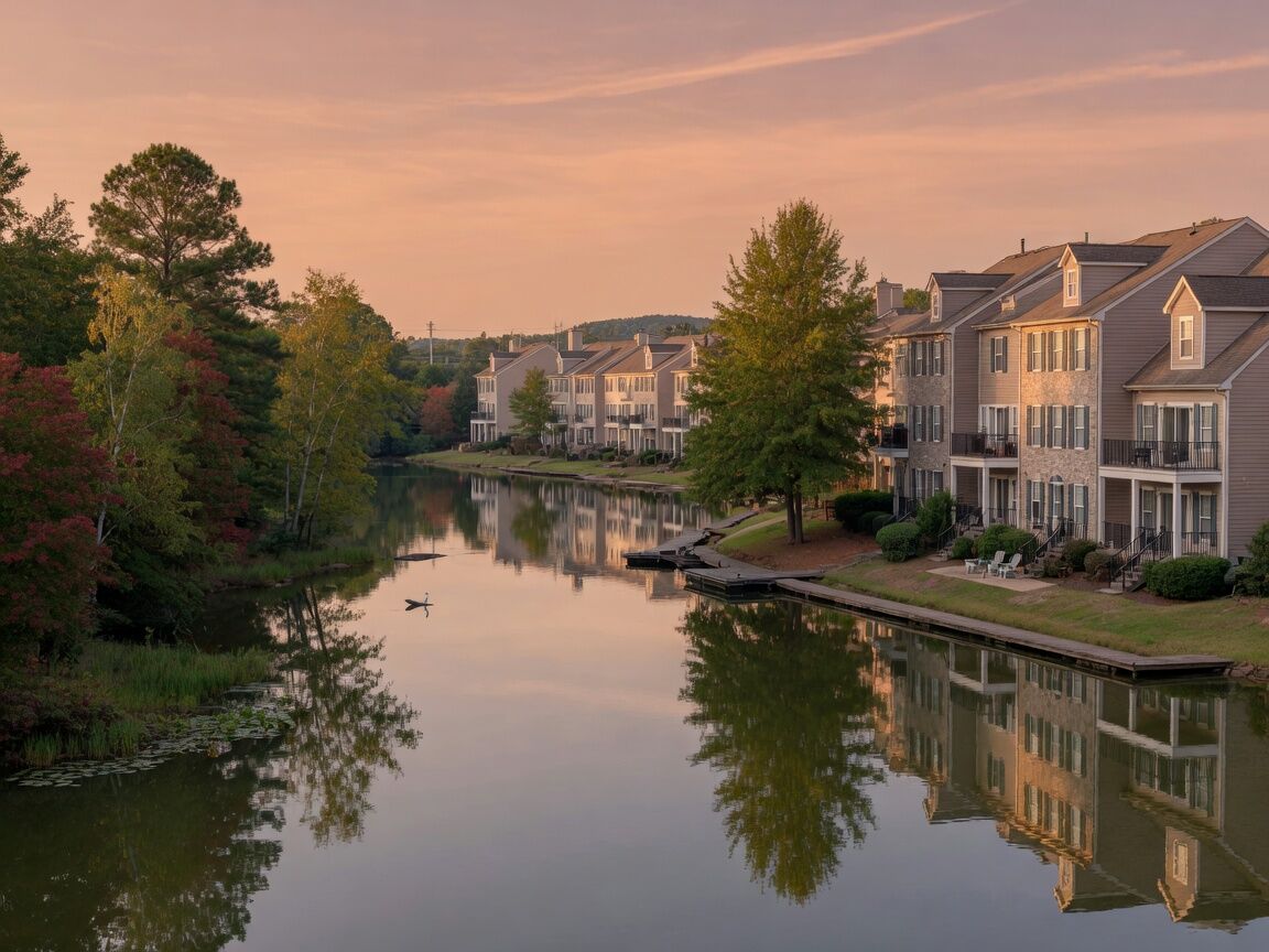 Townhomes beside a small lake and trees in late afternoon.