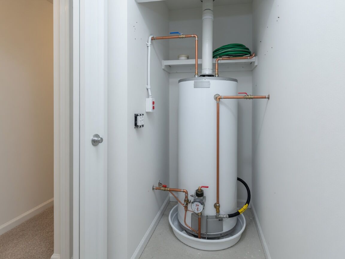 A clean utility closet with a water heater and copper lines.