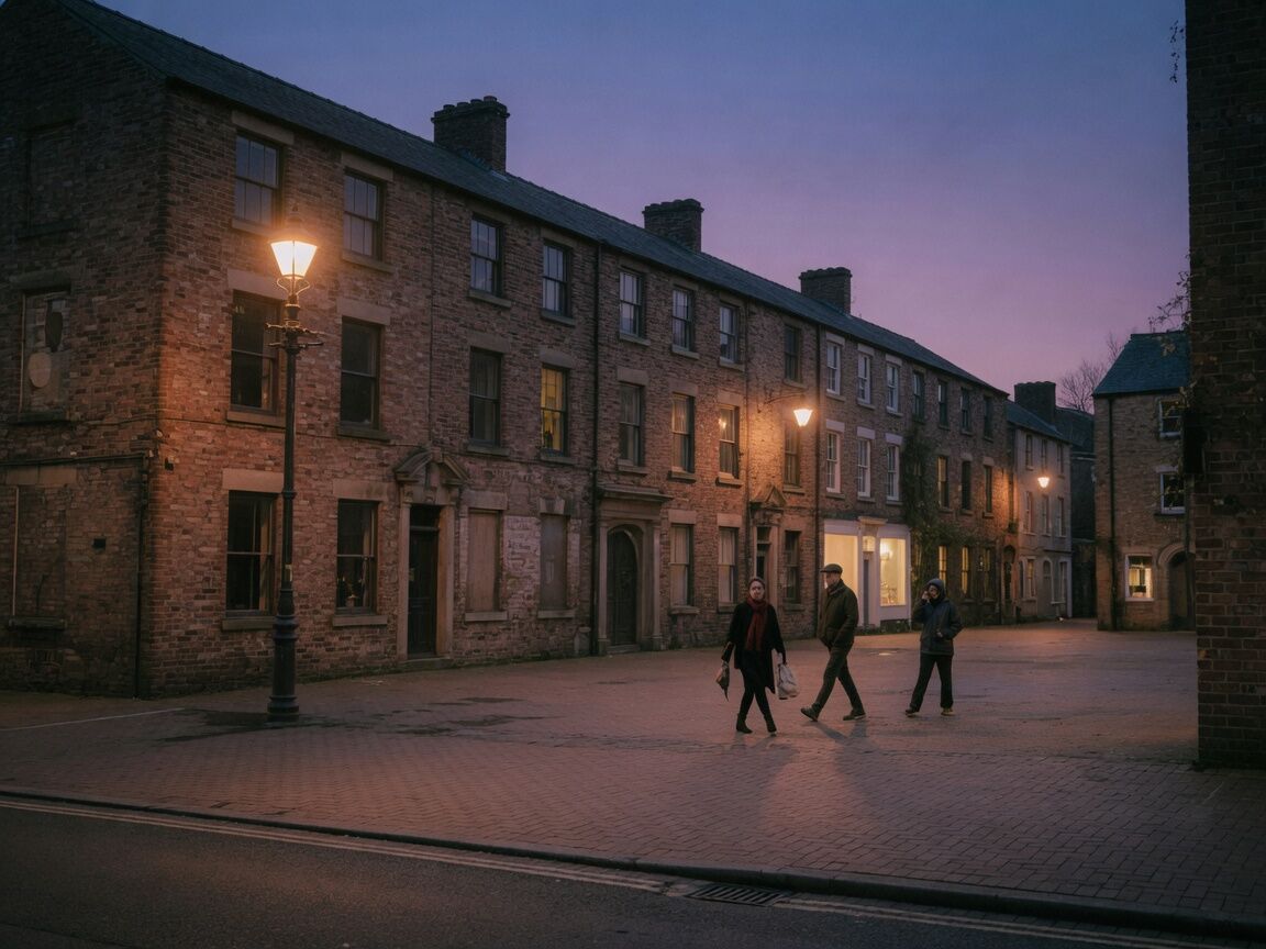 A southern city street at dusk, old brick and warm lamps.
