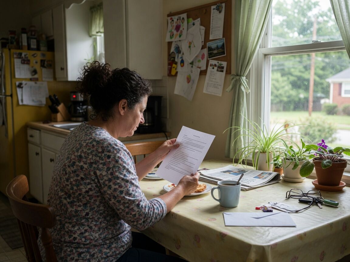 Someone at a kitchen table with a one-page statement and coffee.