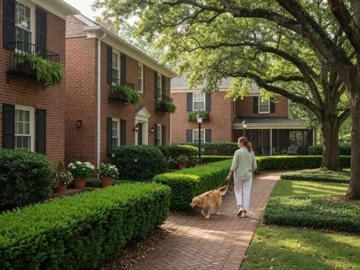 Brick garden apartments under mature oaks.