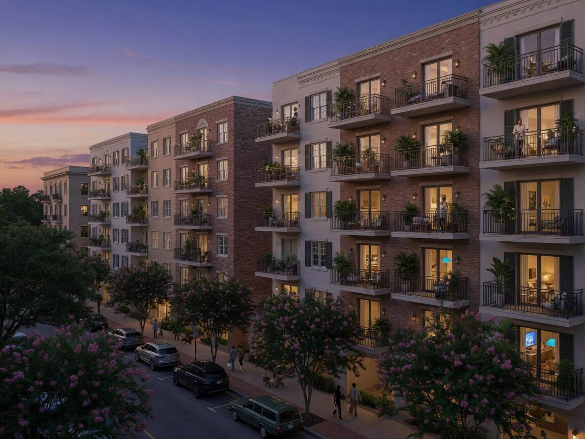 Mid-rise residences with deep balconies at blue hour.