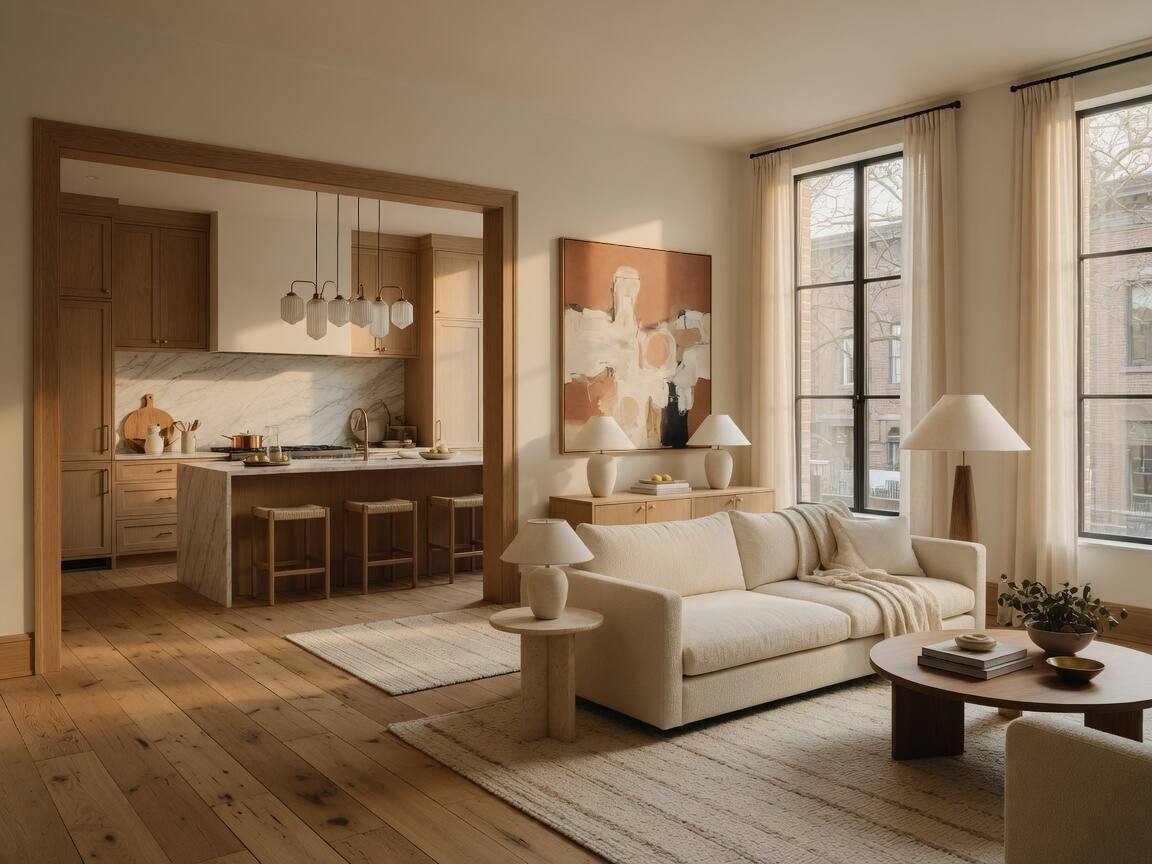 A townhome living room with tall windows and oak floors.