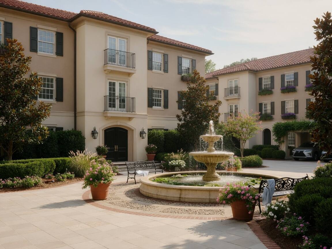 A landscaped courtyard among low residences.
