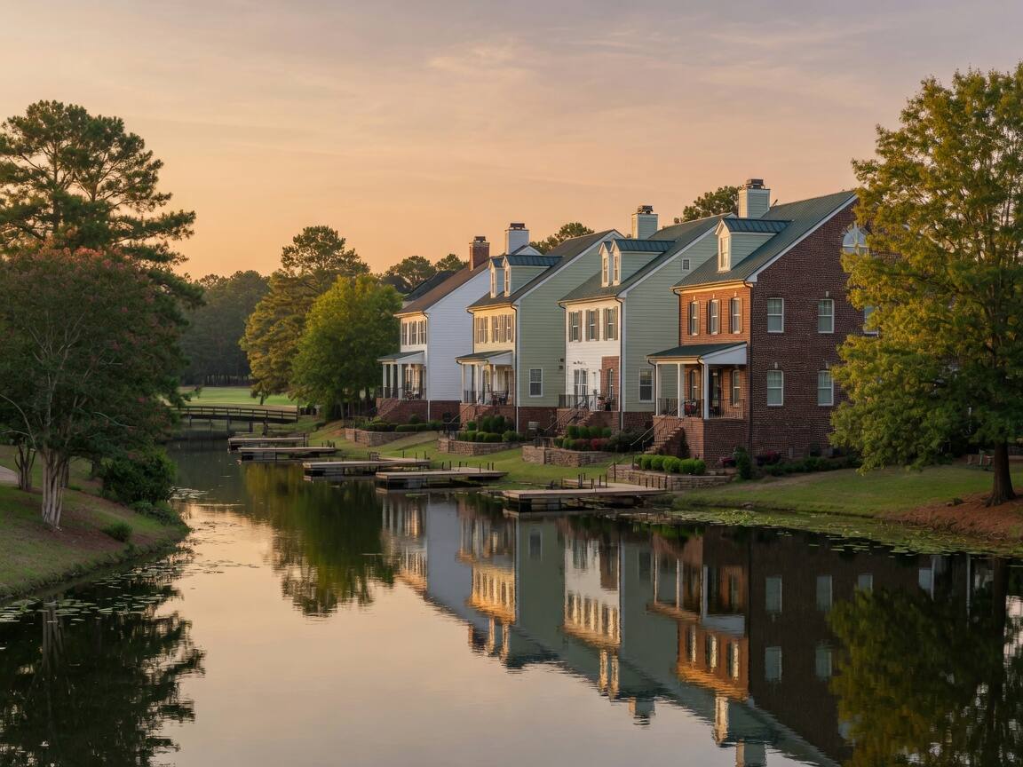 Townhomes beside a small lake and trees.