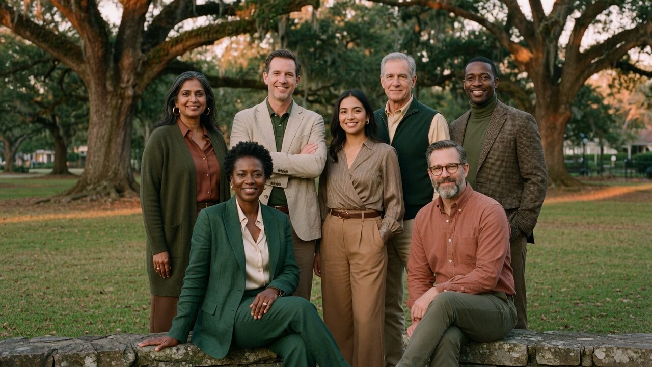 Seven colleagues posed together for a team portrait on a stone wall under oak trees in a park.